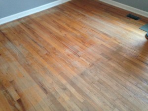 Solid Red Oak wood floor in San Marco, Jacksonville, Florida home, before refinishing