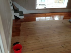 Heart Pine Solid wood flooring Refinish project - during coating - St. Augustine