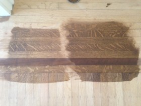 Showing how "Water Pop" darkens the effect of stain on the hardwood flooring