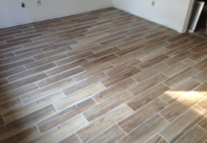 Wood look floor tile installed