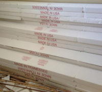 Boxes of Monticello Hearthstone engineered Hickory hardwood, wide planks; American Made wood flooring by Max Woods