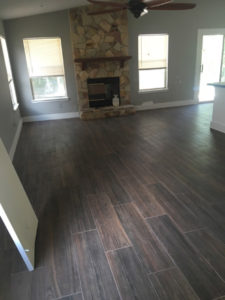 Wood look floor tile installed