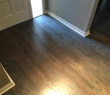 Stained and finished, rotary sawn Red Oak wood flooring