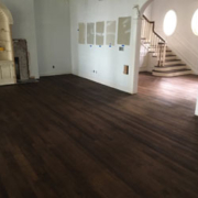 Empty room with dark wood flooring.