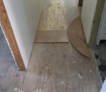 New plywood subfloor installed, prep for wood flooring installation