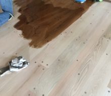 Staining solid Red Oak plank flooring with walnut pegs