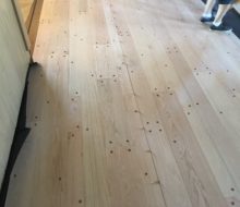 Walnut pegged red oak plank flooring w/ coin spacers