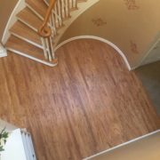 Refinished rotary peeled Red Oak flooring, staircase and rail