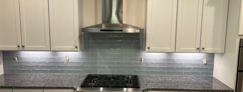 Blue glass tile backsplash - installed.