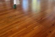 Refinishing Heart Pine flooring downstairs.