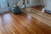 Refinishing Heart Pine flooring downstairs.