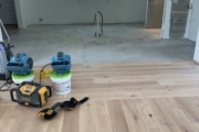 Installing European Oak hardwood flooring.